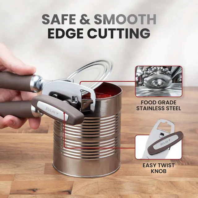 Alt view image 4 of 7 - Kitchen Heavy Duty Stainless Steel Can Opener Manual with Bottle Opener - Rust Proof Manual Can Opener With Turn Knob & Comfy Soft Grip Handles - Brown