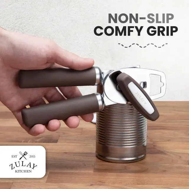 Alt view image 5 of 7 - Kitchen Heavy Duty Stainless Steel Can Opener Manual with Bottle Opener - Rust Proof Manual Can Opener With Turn Knob & Comfy Soft Grip Handles - Brown
