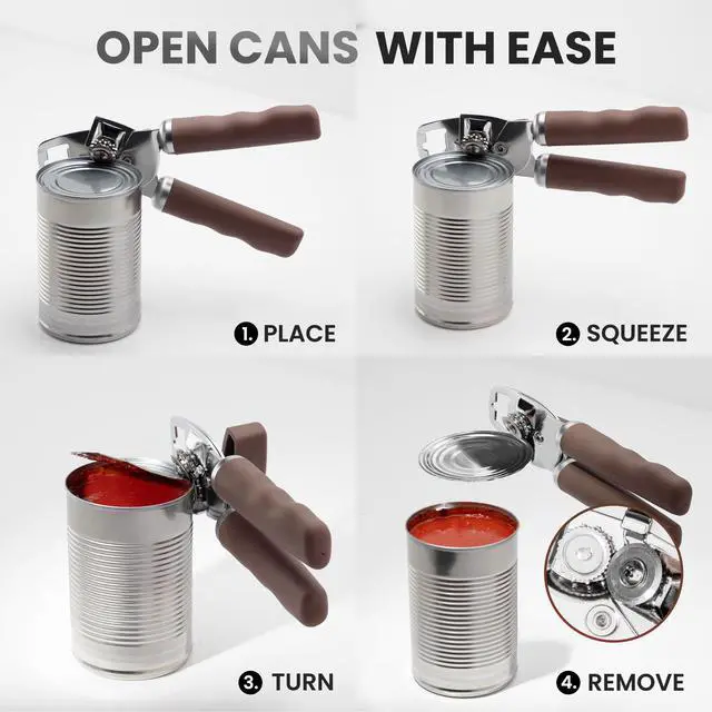 Alt view image 6 of 7 - Kitchen Heavy Duty Stainless Steel Can Opener Manual with Bottle Opener - Rust Proof Manual Can Opener With Turn Knob & Comfy Soft Grip Handles - Brown