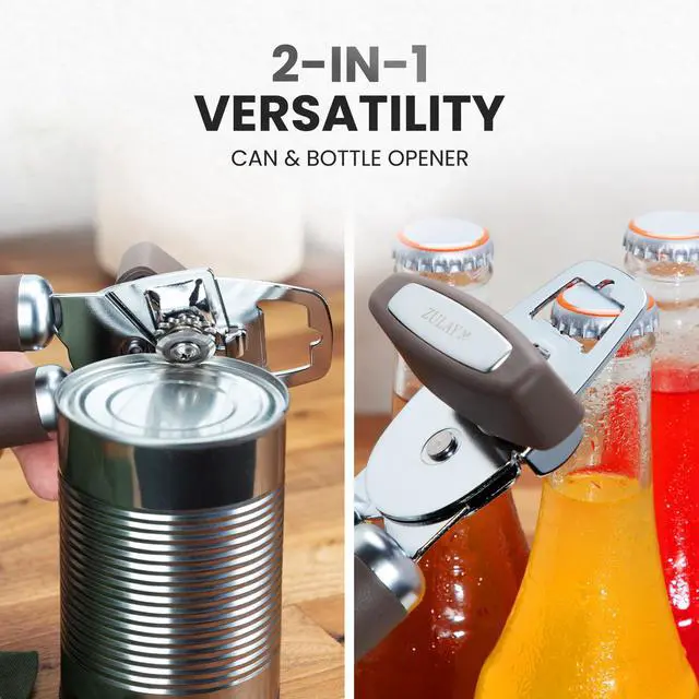 Alt view image 7 of 7 - Kitchen Heavy Duty Stainless Steel Can Opener Manual with Bottle Opener - Rust Proof Manual Can Opener With Turn Knob & Comfy Soft Grip Handles - Brown