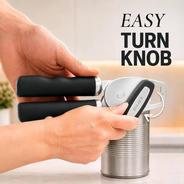 Alt view image 6 of 7 - Heavy Duty Stainless Steel Can Opener Manual with Bottle Opener - Rust Proof Manual Can Opener With Turn Knob & Comfy Soft Grip Handles - Black