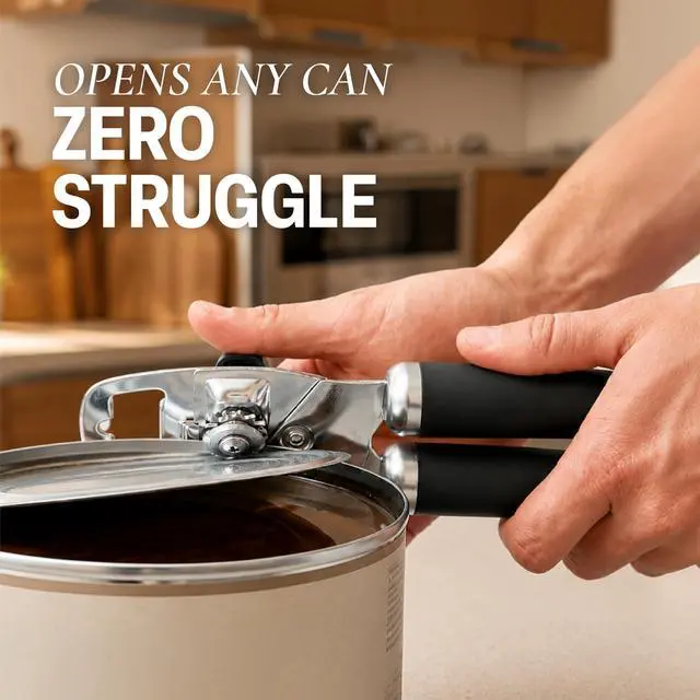 Alt view image 5 of 7 - Heavy Duty Stainless Steel Can Opener Manual with Bottle Opener - Rust Proof Manual Can Opener With Turn Knob & Comfy Soft Grip Handles - Black