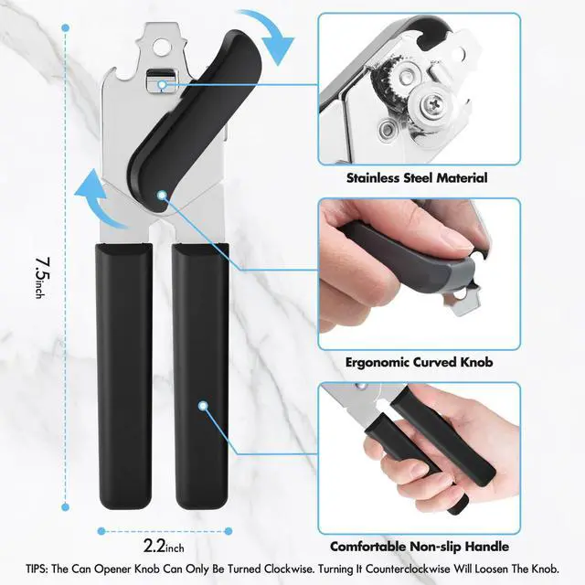 Alt view image 2 of 7 - Can Opener Manual, Can Openers Hand Held with Comfort Anti-Slip Handles, Heavy Duty Stainless Steel Can Opener Smooth Edge and Bottle Openers, Easy Turn Can Openers for Seniors, Kitchen, Black