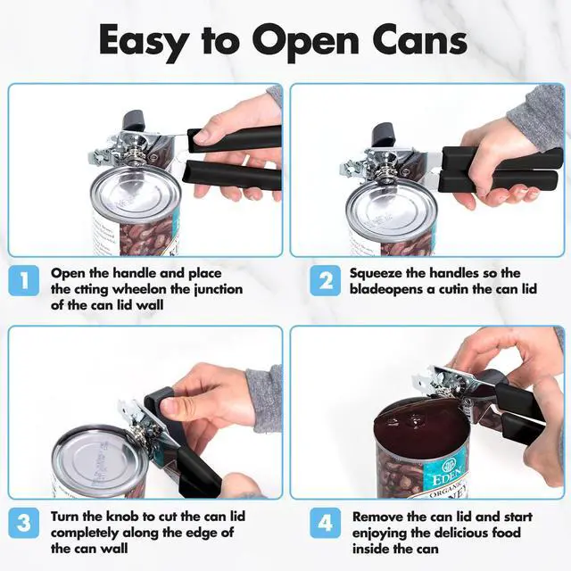 Alt view image 3 of 7 - Can Opener Manual, Can Openers Hand Held with Comfort Anti-Slip Handles, Heavy Duty Stainless Steel Can Opener Smooth Edge and Bottle Openers, Easy Turn Can Openers for Seniors, Kitchen, Black