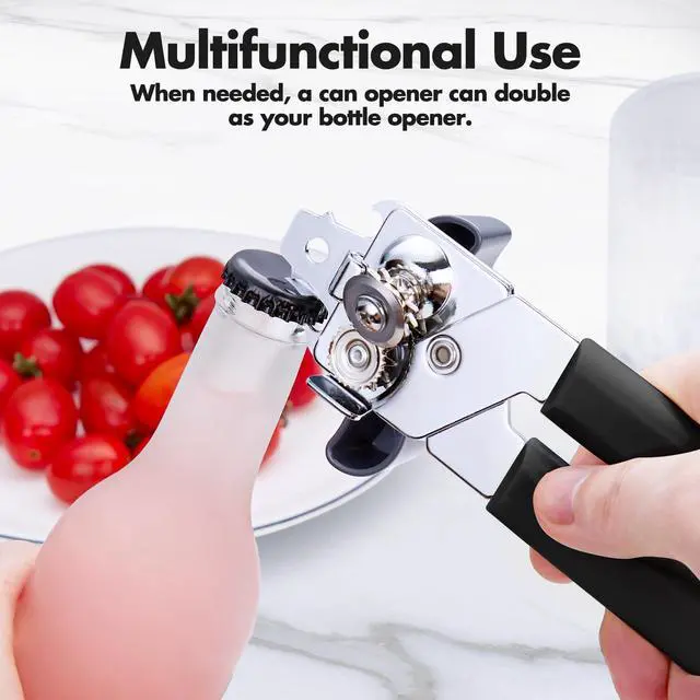Alt view image 6 of 7 - Can Opener Manual, Can Openers Hand Held with Comfort Anti-Slip Handles, Heavy Duty Stainless Steel Can Opener Smooth Edge and Bottle Openers, Easy Turn Can Openers for Seniors, Kitchen, Black