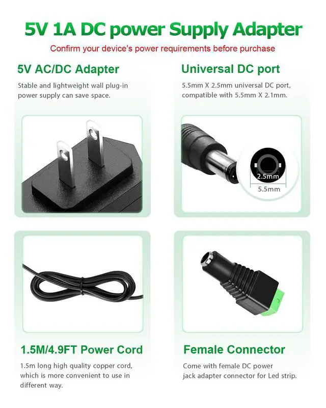 Alt view image 3 of 7 - 5V 1A DC Power Supply Adapter 5W AC/DC Charger AC 100V-240V to D C 5 Volt 1Amp 0.5A Replacement Power Cord for Security Camera Baby Monitor Graco Swing TV Box Raspberry Pi Type C with 8TIPS