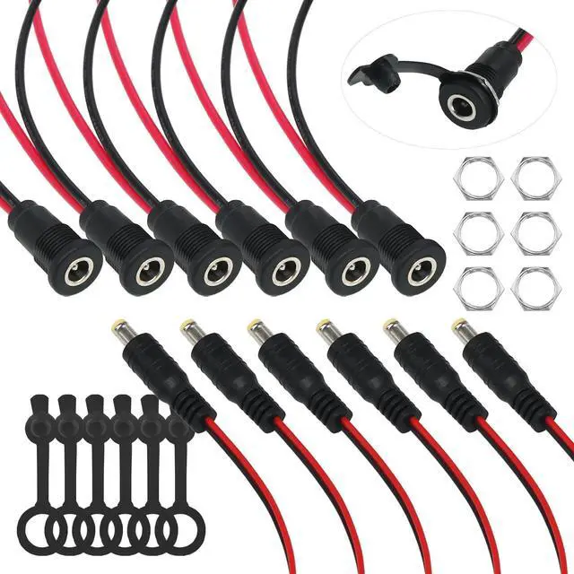 Main image of 6 Sets 5.5 x 2.1mm DC Power Jack Threaded Female Panel Mount Barrel Connector Adapter Kit with Cover Cap OLA012