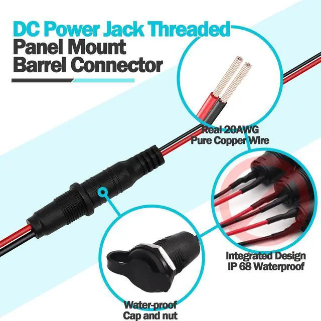 Alt view image 3 of 5 - 6 Sets 5.5 x 2.1mm DC Power Jack Threaded Female Panel Mount Barrel Connector Adapter Kit with Cover Cap OLA012