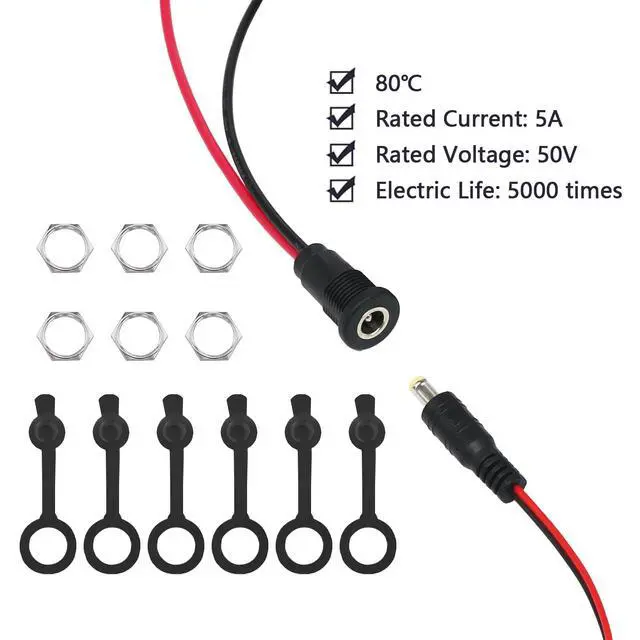 Alt view image 4 of 5 - 6 Sets 5.5 x 2.1mm DC Power Jack Threaded Female Panel Mount Barrel Connector Adapter Kit with Cover Cap OLA012