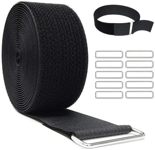 Main image of 2"x16ft Reusable Cinch Strap with 10 Metal Buckles, Cut-to-Length Fastening Securing Straps, Adjustable Nylon Cable Straps and Cord Ties for Organizer or Storage, 2 inch Wide, Black