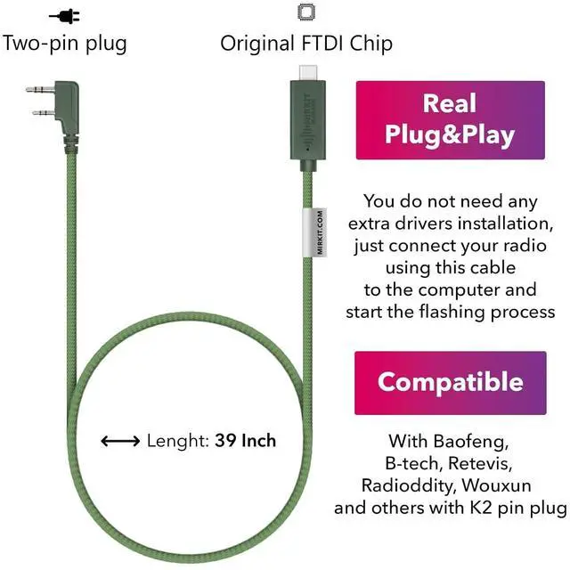 Alt view image 2 of 6 - USB-C Programming Cable Green for Flashing Analogue Ham Radio: Baofeng, Wouxun, Kenwood, Archell, Retevis. Compatible with Windows, Mac, Ubuntu OS