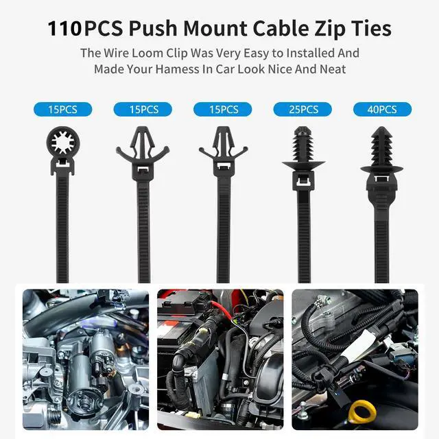Alt view image 2 of 6 - 110 PCS Automotive Installation Black Push Mount Cable Zip Ties Assorted Sizes, Heavy Duty Self-Locking UV Resistant Wire Ties - For Indoor Wire Bundling, Construction, Automotive