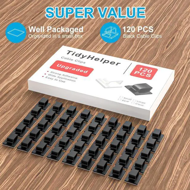 Alt view image 2 of 6 - 120 PCS Cable Clips, Adhesive Cord Clips for Wires on Wall, Strong Wire Clips Holders Cord Organizer for Cable Management, Christmas Lights, USB, Phone Charger, Cat 6, Car Dash Cam (Small, Black)