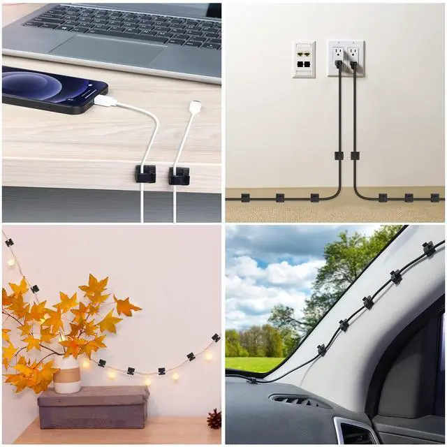 Alt view image 6 of 6 - 120 PCS Cable Clips, Adhesive Cord Clips for Wires on Wall, Strong Wire Clips Holders Cord Organizer for Cable Management, Christmas Lights, USB, Phone Charger, Cat 6, Car Dash Cam (Small, Black)