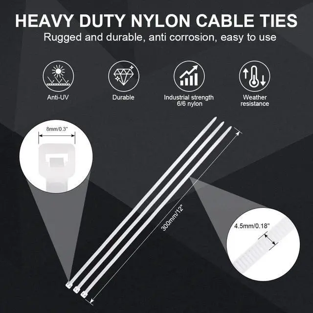 Alt view image 2 of 7 - 12 Inch Zip Cable Ties (100 Pieces), Self-Locking Premium Nylon Cable Wire Ties,Heavy Duty White, for Indoor and Outdoor