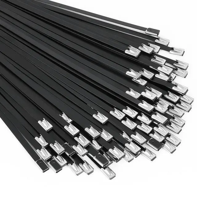 Main image of Metal Zip Ties black 100pcs 11.8 inch 304Stainless steel Epoxy Coated Cable Tie Multi-purpose Self-locking Cable Ties for machinery, vehicles, farms, cables, pipesas well as Outdoor binding
