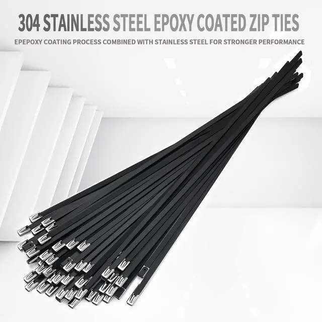 Alt view image 2 of 6 - Metal Zip Ties black 100pcs 11.8 inch 304Stainless steel Epoxy Coated Cable Tie Multi-purpose Self-locking Cable Ties for machinery, vehicles, farms, cables, pipesas well as Outdoor binding