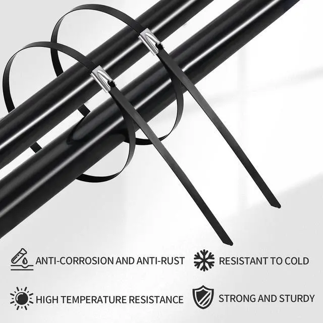 Alt view image 3 of 6 - Metal Zip Ties black 100pcs 11.8 inch 304Stainless steel Epoxy Coated Cable Tie Multi-purpose Self-locking Cable Ties for machinery, vehicles, farms, cables, pipesas well as Outdoor binding