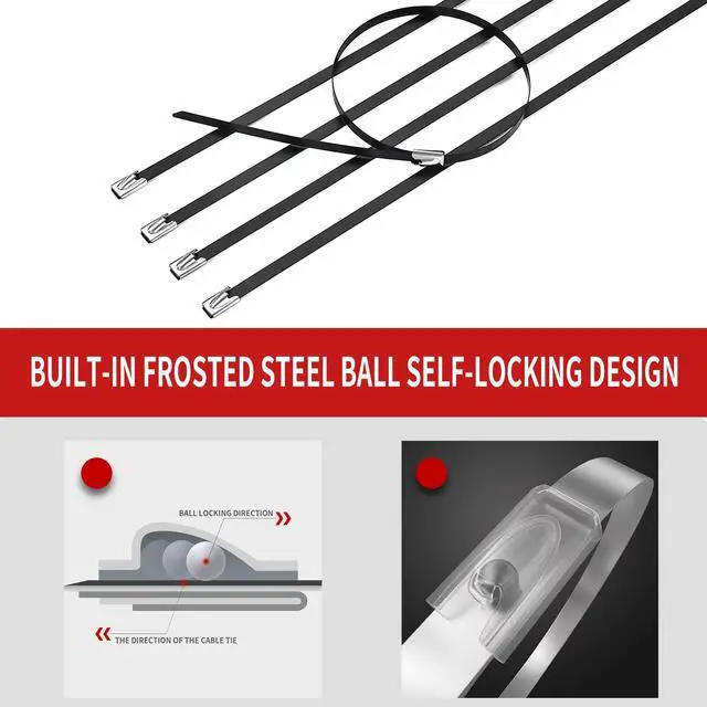 Alt view image 4 of 6 - Metal Zip Ties black 100pcs 11.8 inch 304Stainless steel Epoxy Coated Cable Tie Multi-purpose Self-locking Cable Ties for machinery, vehicles, farms, cables, pipesas well as Outdoor binding