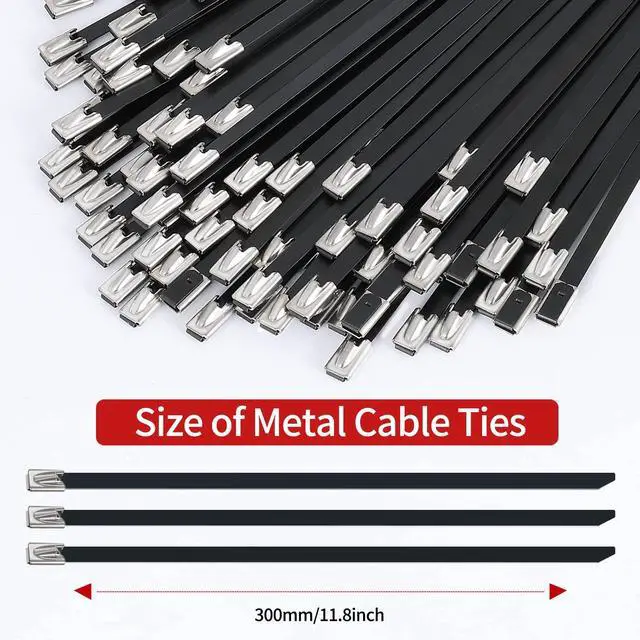 Alt view image 5 of 6 - Metal Zip Ties black 100pcs 11.8 inch 304Stainless steel Epoxy Coated Cable Tie Multi-purpose Self-locking Cable Ties for machinery, vehicles, farms, cables, pipesas well as Outdoor binding
