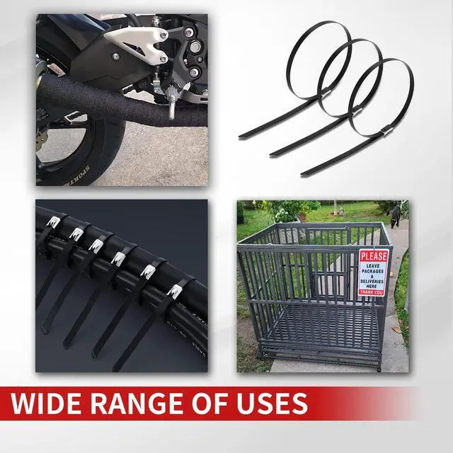Alt view image 6 of 6 - Metal Zip Ties black 100pcs 11.8 inch 304Stainless steel Epoxy Coated Cable Tie Multi-purpose Self-locking Cable Ties for machinery, vehicles, farms, cables, pipesas well as Outdoor binding