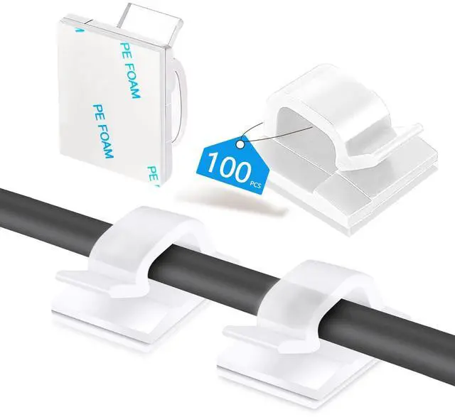 Main image of 100PCS Cable Clips, Adhesive Wire Clips Organizer Cord Clips Management, Cable Staples Outdoor Strong for Wall, Desk, Christmas Lights, String Lights, TV PC Ethernet Cable, Clear Small