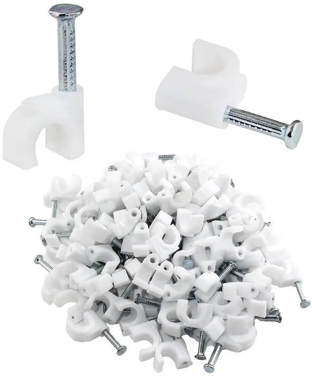 Main image of 100Pcs Nail Cable Clips with Steel Nail, 6mm White Cable Wire Management Clips for Ethernet Cable, Telephone Cable, TV Wire Cable, Print Cable