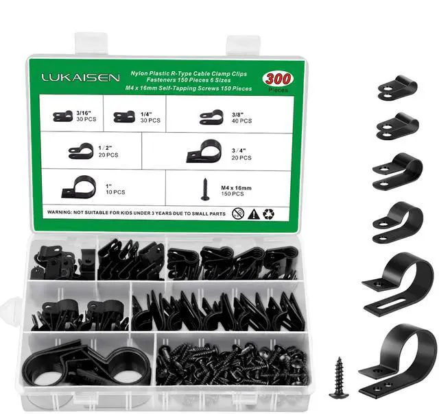 Main image of Cable Clips for Cable Management Cord Organizer, 6 Sizes 300 PCS Nylon R-Type, 3/16'' 1/4'' 3/8'' 1/2'' 3/4'' 1'' Black Plastic Screw Mounting Cord Fastener Clamp Assortment Kit with M4 Screws
