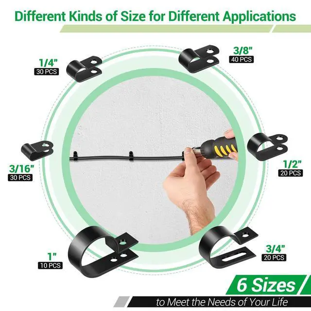 Alt view image 2 of 7 - Cable Clips for Cable Management Cord Organizer, 6 Sizes 300 PCS Nylon R-Type, 3/16'' 1/4'' 3/8'' 1/2'' 3/4'' 1'' Black Plastic Screw Mounting Cord Fastener Clamp Assortment Kit with M4 Screws