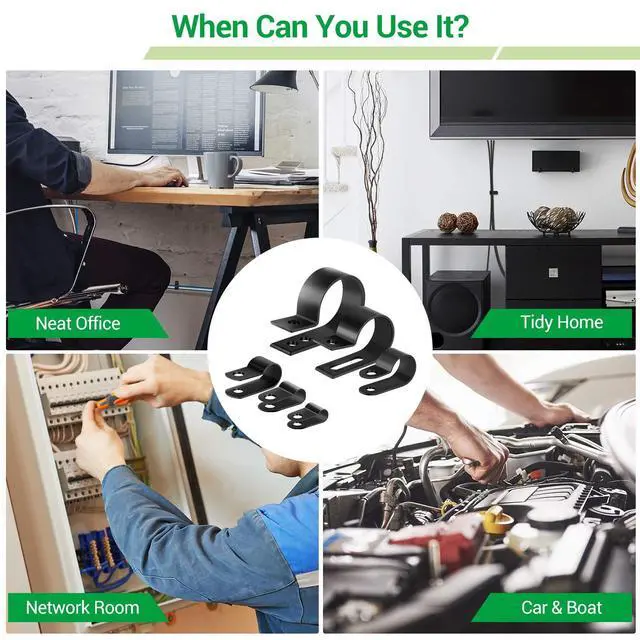 Alt view image 5 of 7 - Cable Clips for Cable Management Cord Organizer, 6 Sizes 300 PCS Nylon R-Type, 3/16'' 1/4'' 3/8'' 1/2'' 3/4'' 1'' Black Plastic Screw Mounting Cord Fastener Clamp Assortment Kit with M4 Screws
