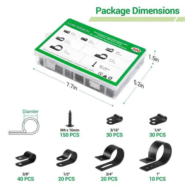 Alt view image 7 of 7 - Cable Clips for Cable Management Cord Organizer, 6 Sizes 300 PCS Nylon R-Type, 3/16'' 1/4'' 3/8'' 1/2'' 3/4'' 1'' Black Plastic Screw Mounting Cord Fastener Clamp Assortment Kit with M4 Screws