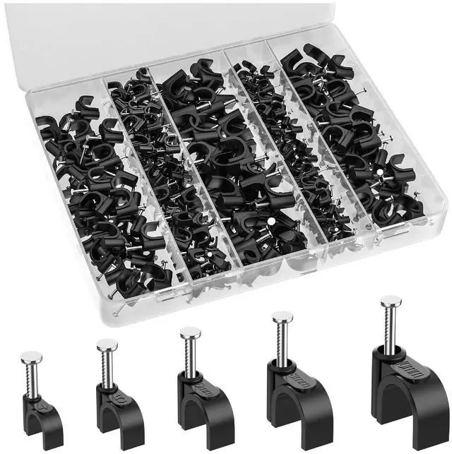 Main image of Cable Clips with Steel Nails, 360 pcs, Black, 4mm 5mm 6mm 8mm 10mm, Cord Clips for Wires on Wall, Cable Wall Clip, Wire Wall Clips, Cable Wire Clips, Coaxial Cable Clips, Cord Wall Clip