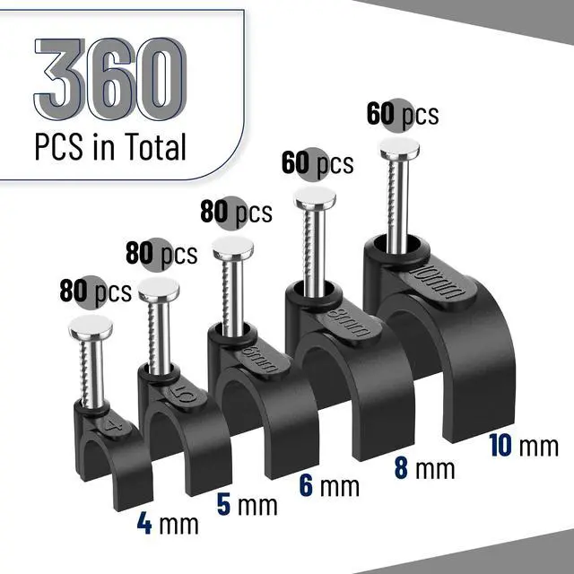Alt view image 2 of 7 - Cable Clips with Steel Nails, 360 pcs, Black, 4mm 5mm 6mm 8mm 10mm, Cord Clips for Wires on Wall, Cable Wall Clip, Wire Wall Clips, Cable Wire Clips, Coaxial Cable Clips, Cord Wall Clip