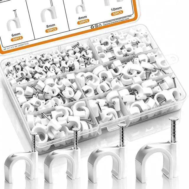 Main image of 200PCS Cable Clips Nail in Cable Clips Wire Clips 4/6/8/10mm Round Ethernet Cables Wall Clips for Cords RG6 RG59 CAT5 CAT6 RJ45