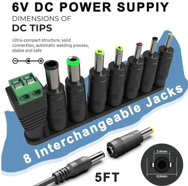 Alt view image 4 of 7 - 6V DC Power Adapter Charger 6V Power Supply Universal AC Adapter Power Cord with 8 Interchangeable DC Plug for 100mA 300mA 400mA 500mA 600mA 700mA 800mA 900mA 1000mA 1500mA 2000mA Equipment (DC6V-2A)