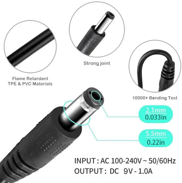Alt view image 5 of 6 - 9V 1A Power AC Adapter DC 9V Universal Power Adapter 5.5mm x 2.1mm Plug for Router, Toys, Bluetooth Speaker, Compatible with 1000mA 900mA 800mA 700mA 600mA 500mA 400mA 300mA 200mA 100mA Electronics