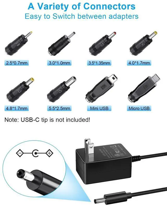 Alt view image 3 of 7 - 5V 2A Power Supply Adapter 10W AC100-240V to DC 5 Volt 2Amp Versatile Charger Cord with 8 Plugs for USB Hub TV Box Tablet Camera Speaker GPS Webcam Router and More 5vdc Electronics, 5FT