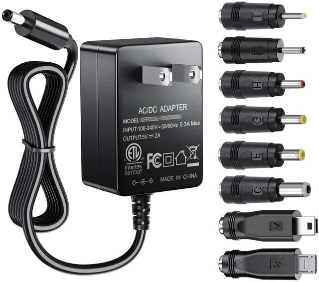 Main image of 5V 2A Power Supply Adapter 10W AC100-240V to DC 5 Volt 2Amp Versatile Charger Cord with 8 Plugs for USB Hub TV Box Tablet Camera Speaker GPS Webcam Router and More 5vdc Electronics, 5FT