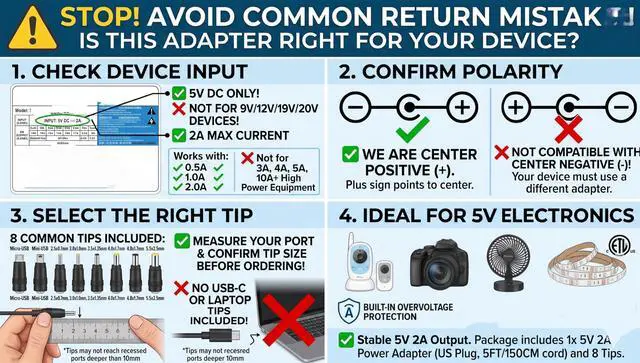 Alt view image 2 of 7 - 5V 2A Power Supply Adapter 10W AC100-240V to DC 5 Volt 2Amp Versatile Charger Cord with 8 Plugs for USB Hub TV Box Tablet Camera Speaker GPS Webcam Router and More 5vdc Electronics, 5FT