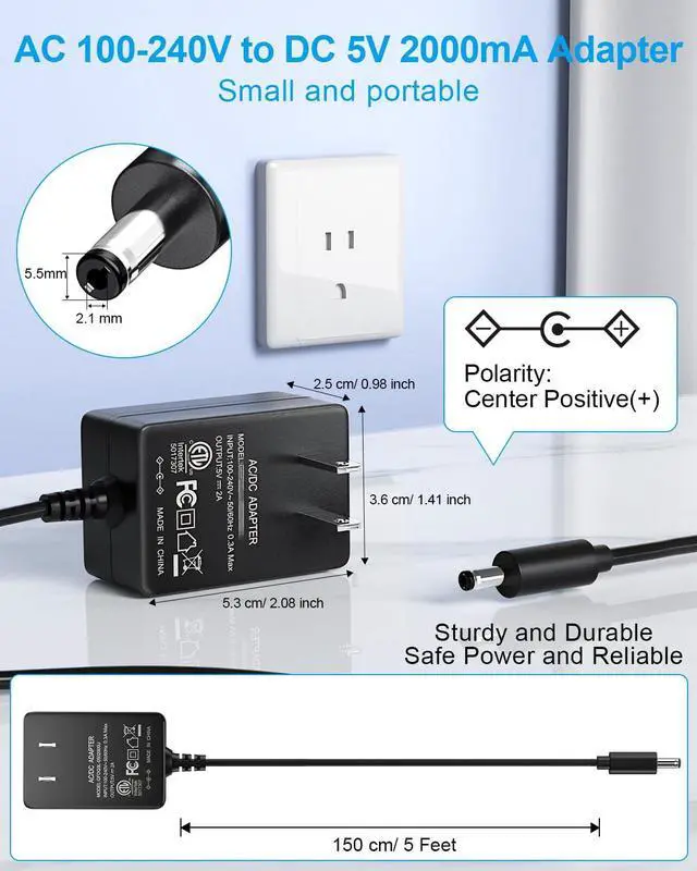 Alt view image 6 of 7 - 5V 2A Power Supply Adapter 10W AC100-240V to DC 5 Volt 2Amp Versatile Charger Cord with 8 Plugs for USB Hub TV Box Tablet Camera Speaker GPS Webcam Router and More 5vdc Electronics, 5FT