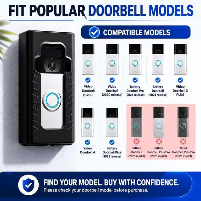 Alt view image 2 of 7 - Adhesive Mount Compatible with Ring/Other Wireless Video Doorbell No-Drill Mounting Bracket Cover Holder Anti-Theft Full Coverage Protective Housing for Apartments & Renters (Matte Black)