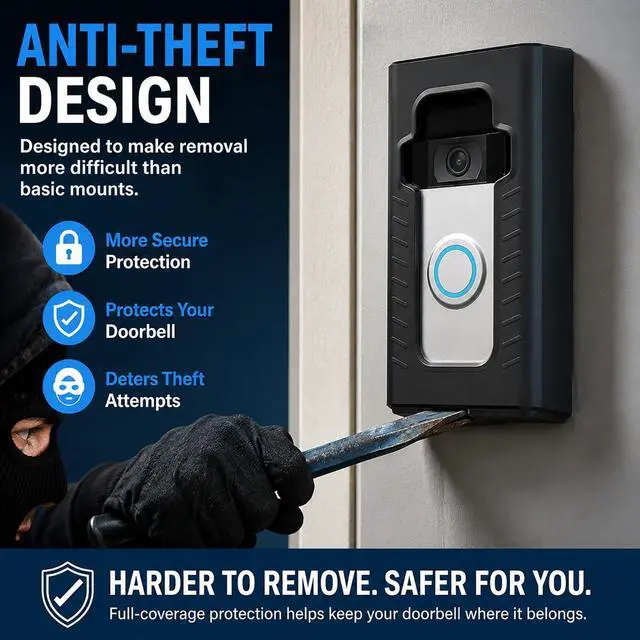Alt view image 3 of 7 - Adhesive Mount Compatible with Ring/Other Wireless Video Doorbell No-Drill Mounting Bracket Cover Holder Anti-Theft Full Coverage Protective Housing for Apartments & Renters (Matte Black)