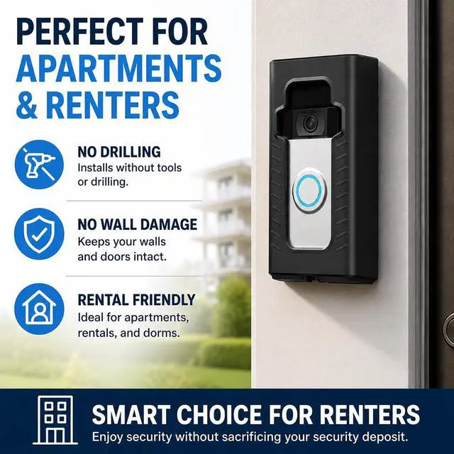 Alt view image 4 of 7 - Adhesive Mount Compatible with Ring/Other Wireless Video Doorbell No-Drill Mounting Bracket Cover Holder Anti-Theft Full Coverage Protective Housing for Apartments & Renters (Matte Black)