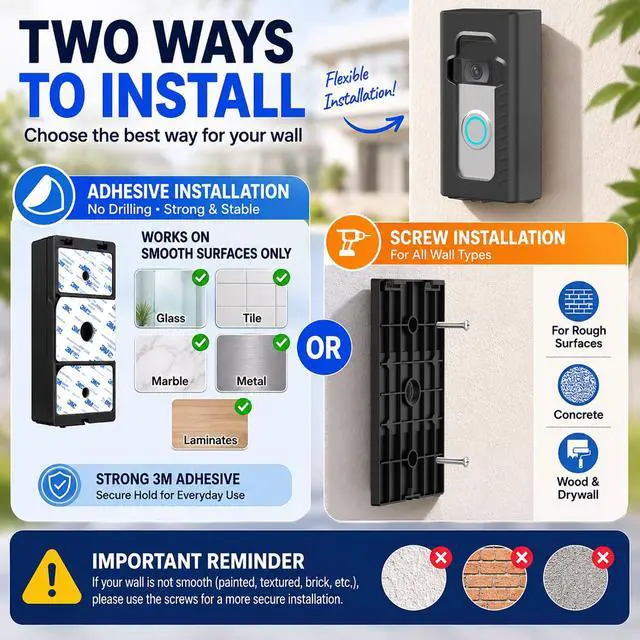 Alt view image 5 of 7 - Adhesive Mount Compatible with Ring/Other Wireless Video Doorbell No-Drill Mounting Bracket Cover Holder Anti-Theft Full Coverage Protective Housing for Apartments & Renters (Matte Black)