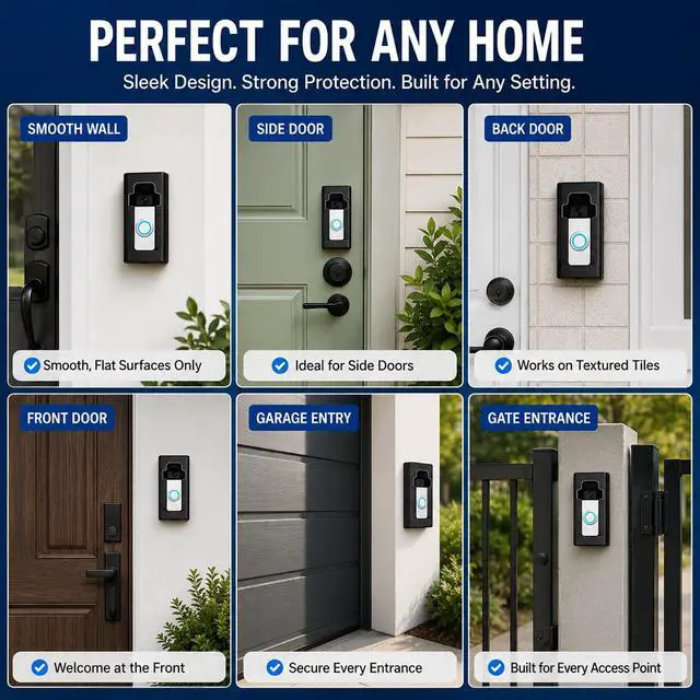 Alt view image 6 of 7 - Adhesive Mount Compatible with Ring/Other Wireless Video Doorbell No-Drill Mounting Bracket Cover Holder Anti-Theft Full Coverage Protective Housing for Apartments & Renters (Matte Black)