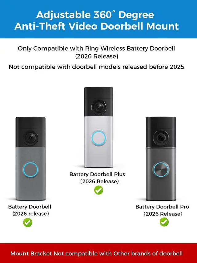 Alt view image 2 of 6 - 2026Anti-Theft Video Doorbell MountAdjustable 360° Degree Doorbell Angle No-Drill Mount Compatible with Ring Battery Doorbell /Plus/Pro Video Doorbell Upgrade Corner Kit for Houses,Apartments