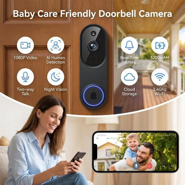 Alt view image 2 of 7 - Video Doorbell Camera, Wireless Security Camera, 1080p, Battery Powered, AI Motion Detection, Night Vision, Two-Way Audio, Cloud Storage, 2.4 GWi-Fi, for Visitor, Baby Monitor