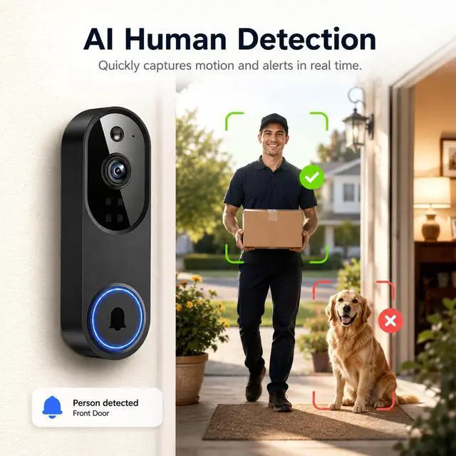 Alt view image 3 of 7 - Video Doorbell Camera, Wireless Security Camera, 1080p, Battery Powered, AI Motion Detection, Night Vision, Two-Way Audio, Cloud Storage, 2.4 GWi-Fi, for Visitor, Baby Monitor