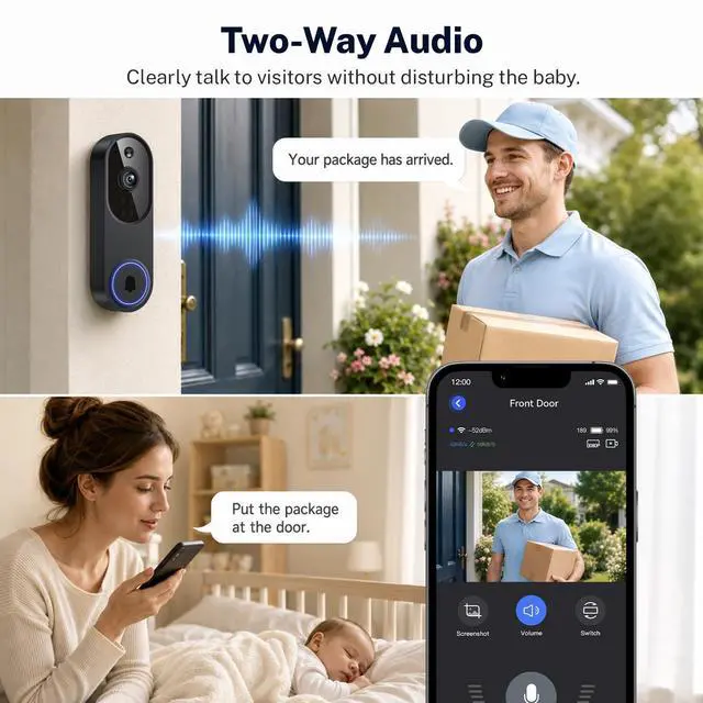 Alt view image 4 of 7 - Video Doorbell Camera, Wireless Security Camera, 1080p, Battery Powered, AI Motion Detection, Night Vision, Two-Way Audio, Cloud Storage, 2.4 GWi-Fi, for Visitor, Baby Monitor