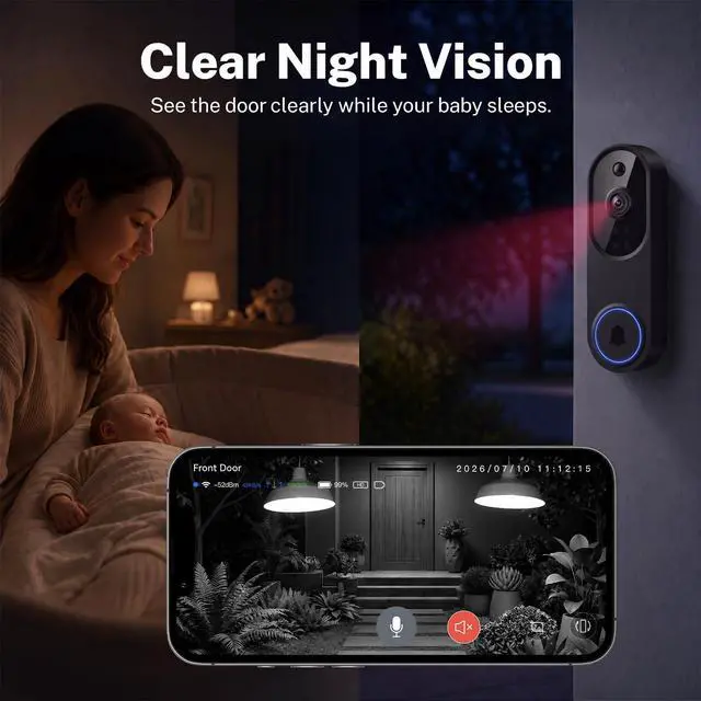 Alt view image 7 of 7 - Video Doorbell Camera, Wireless Security Camera, 1080p, Battery Powered, AI Motion Detection, Night Vision, Two-Way Audio, Cloud Storage, 2.4 GWi-Fi, for Visitor, Baby Monitor
